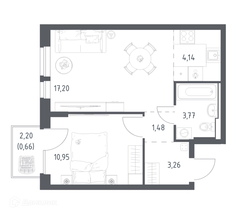 1-комнатная квартира 41.46 м² Квартал Авиаторов