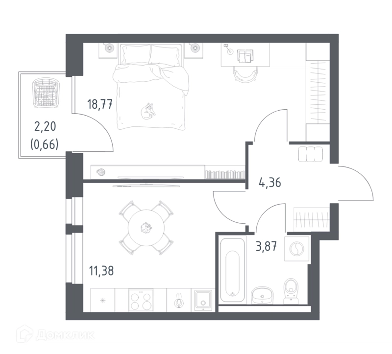 1-комнатная квартира 39.04 м² Квартал Авиаторов