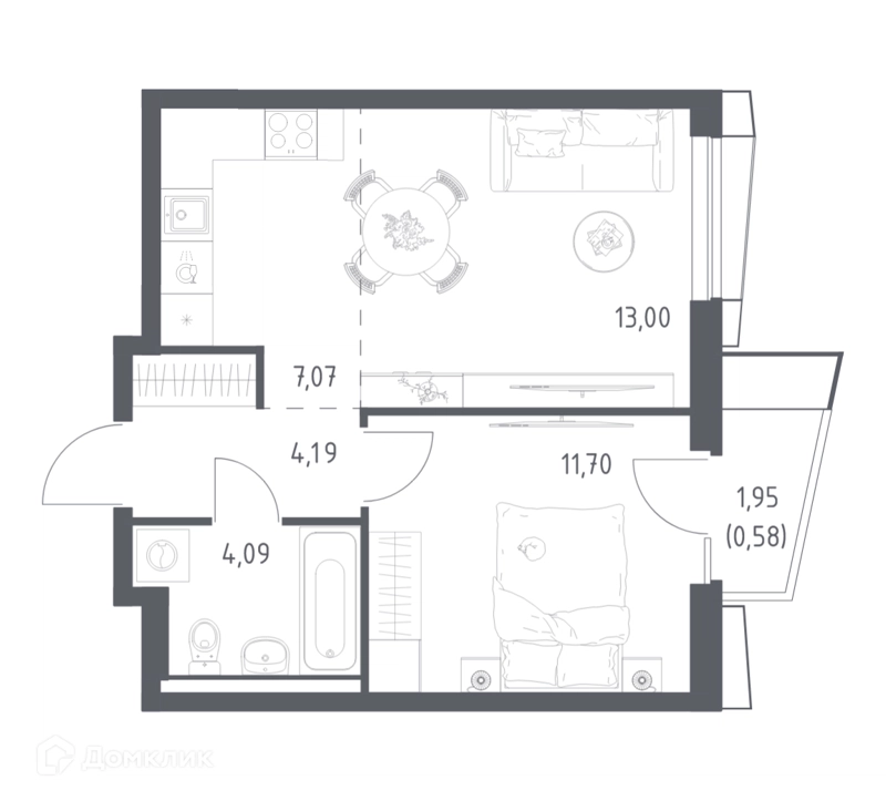 1-комнатная квартира 40.63 м² Квартал Авиаторов