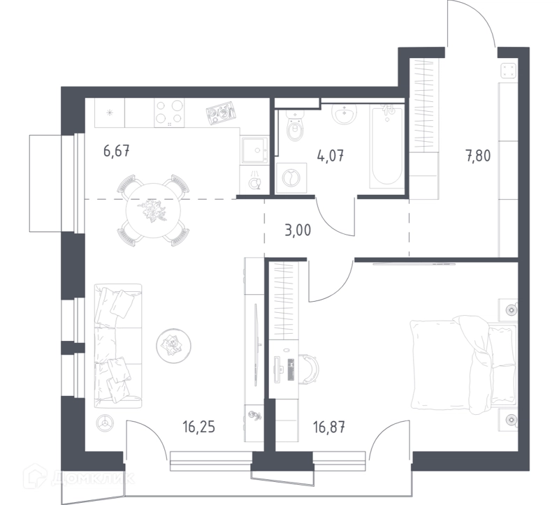 1-комнатная квартира 53.9 м² Квартал Авиаторов