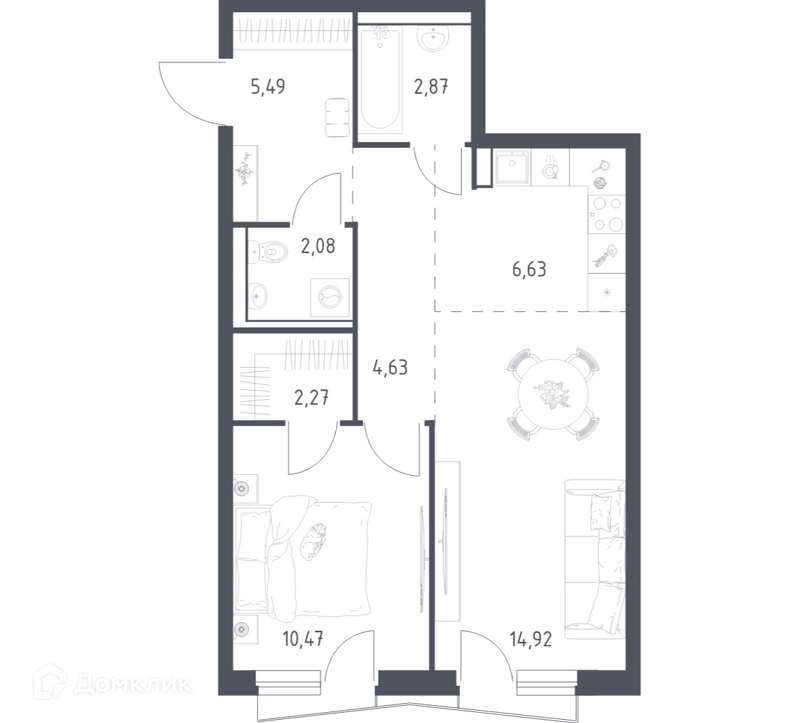 1-комнатная квартира 48.5 м² Квартал Авиаторов