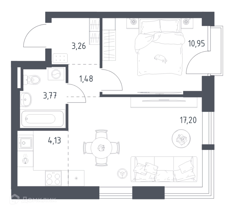 1-комнатная квартира 40.79 м² Квартал Авиаторов