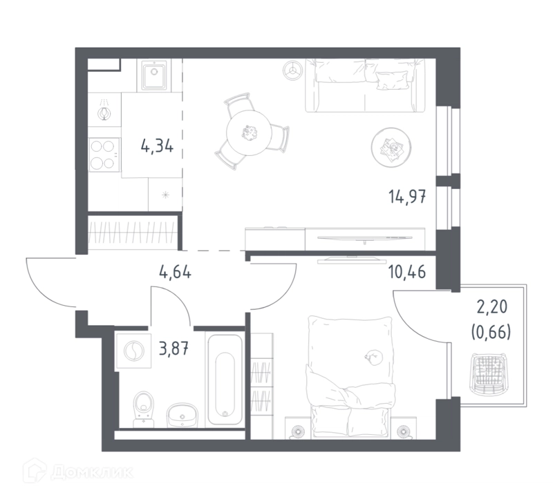 1-комнатная квартира 38.94 м² Квартал Авиаторов