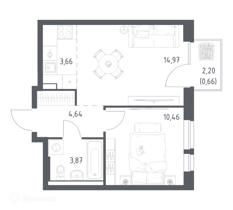 1-комнатная квартира 38.26 м² Квартал Авиаторов
