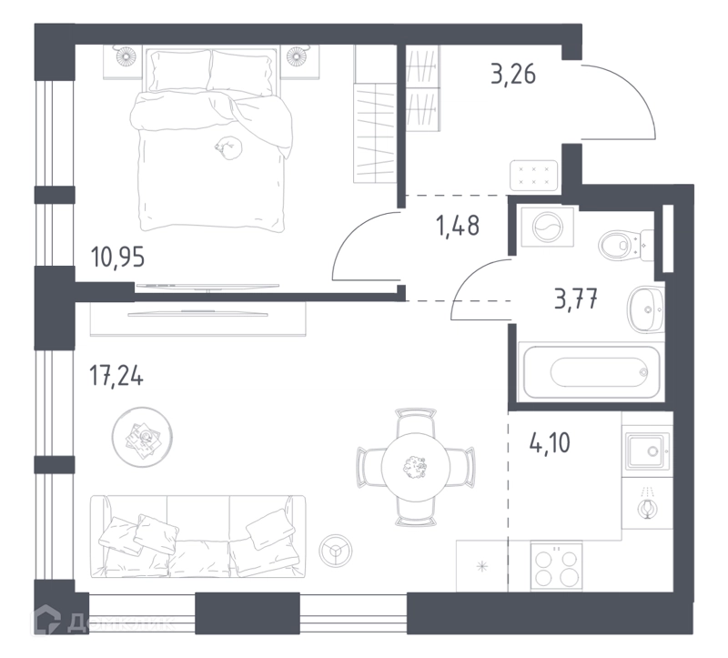 1-комнатная квартира 40.8 м² Квартал Авиаторов