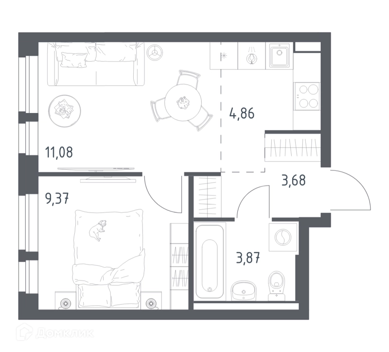1-комнатная квартира 32.86 м² Квартал Авиаторов
