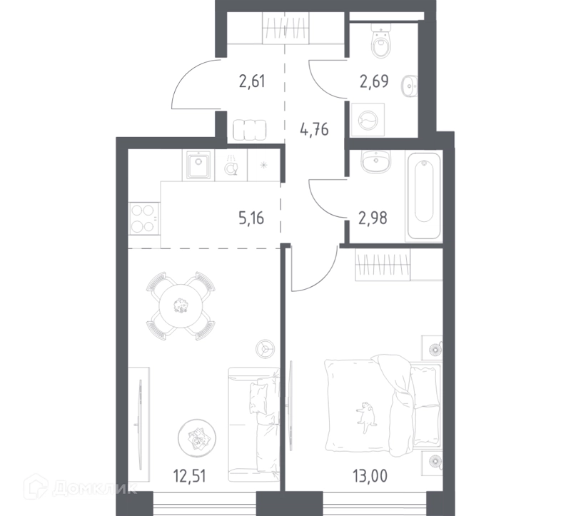 1-комнатная квартира 43.71 м² Квартал Авиаторов