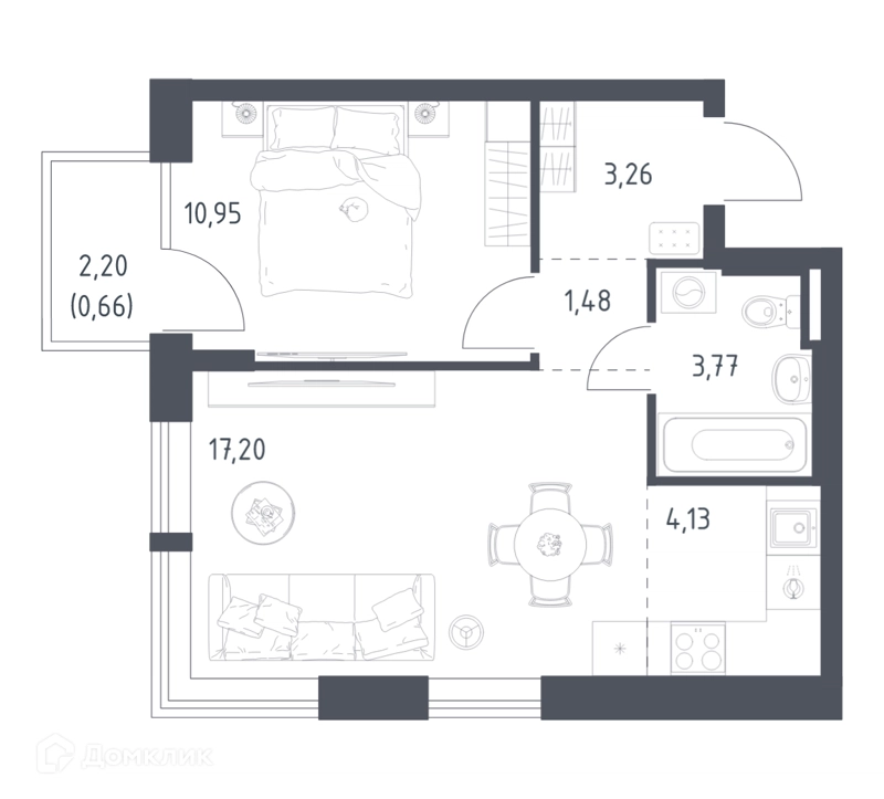 1-комнатная квартира 41.45 м² Квартал Авиаторов
