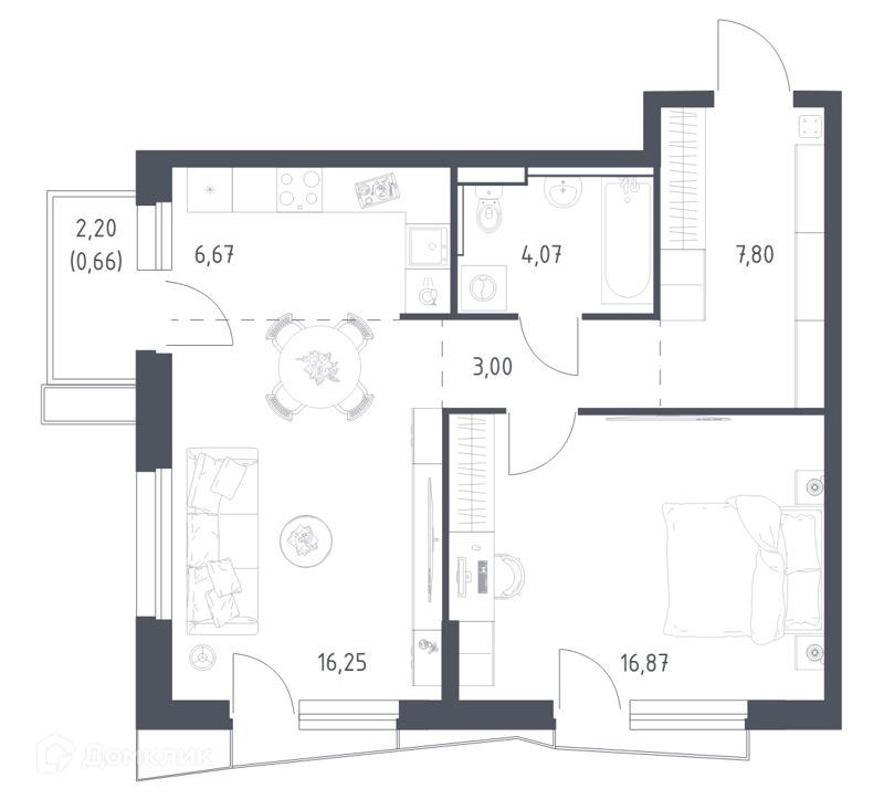 1-комнатная квартира 54.4 м² Квартал Авиаторов