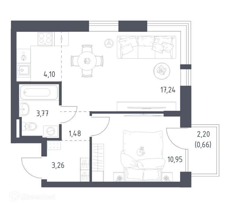 1-комнатная квартира 41.46 м² Квартал Авиаторов