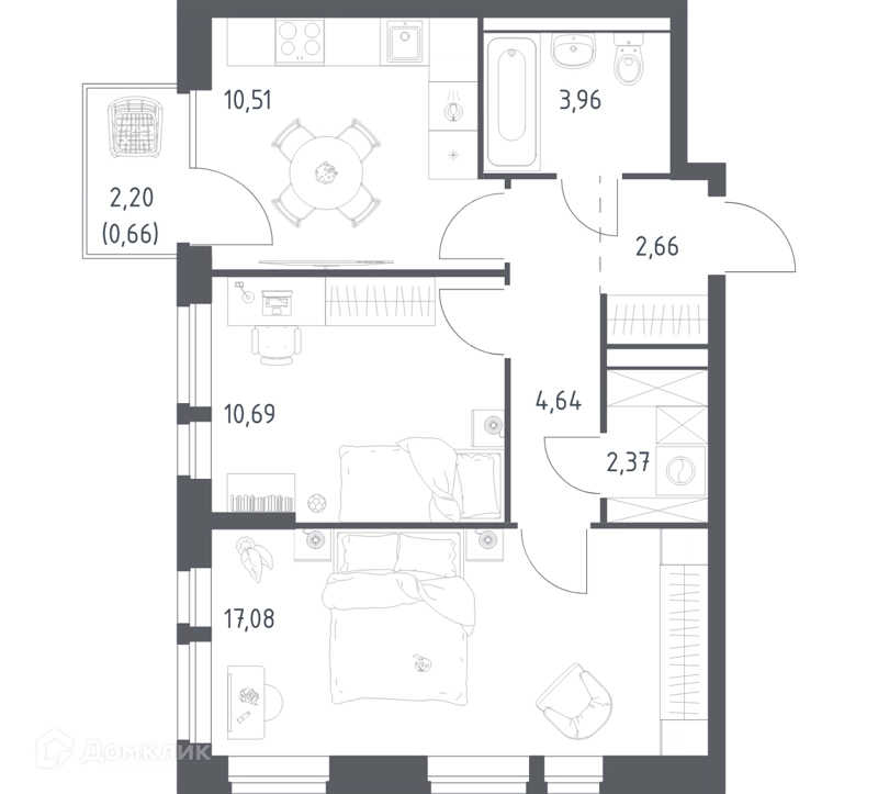 2-комнатная квартира 52.57 м² Квартал Авиаторов