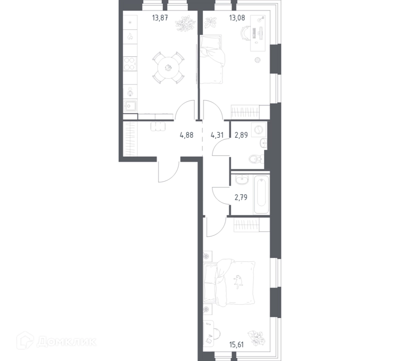 2-комнатная квартира 57.43 м² Квартал Авиаторов