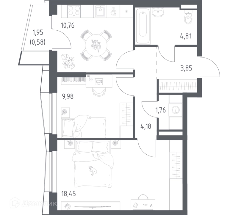 2-комнатная квартира 54.37 м² Квартал Авиаторов