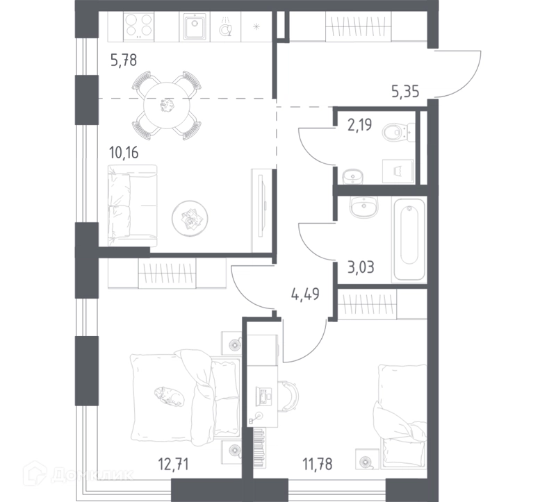 2-комнатная квартира 55.49 м² Квартал Авиаторов