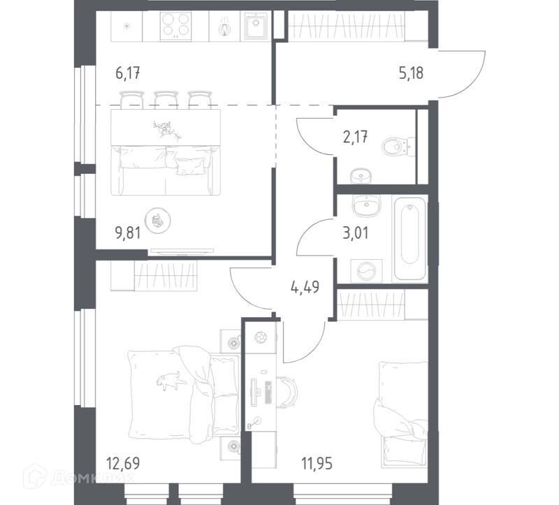 2-комнатная квартира 55.47 м² Квартал Авиаторов