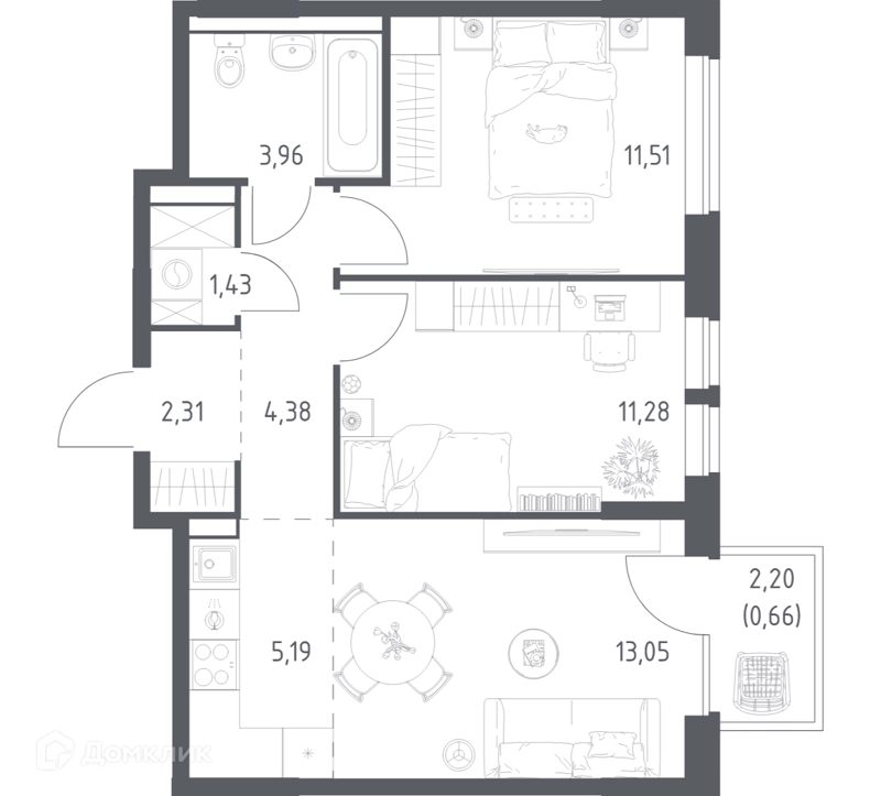 2-комнатная квартира 53.77 м² Квартал Авиаторов