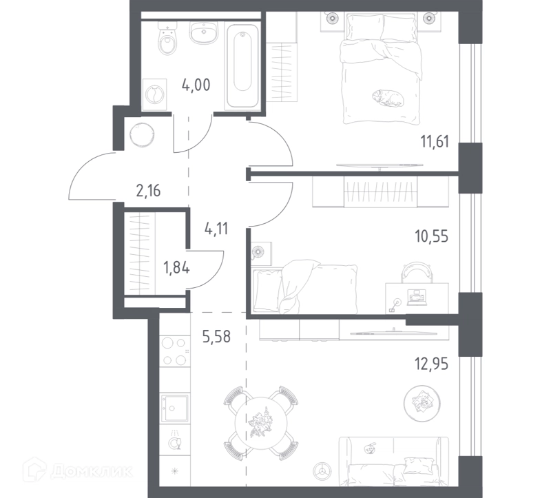2-комнатная квартира 52.8 м² Квартал Авиаторов