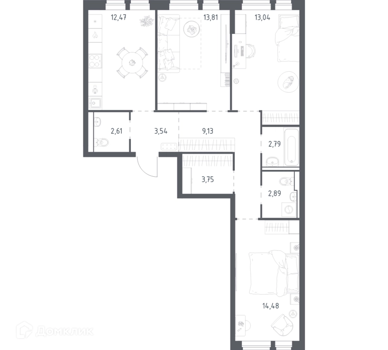 3-комнатная квартира 78.51 м² Квартал Авиаторов
