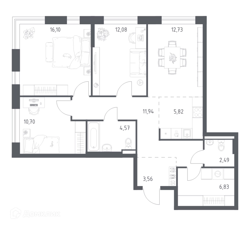 3-комнатная квартира 86.82 м² Квартал Авиаторов