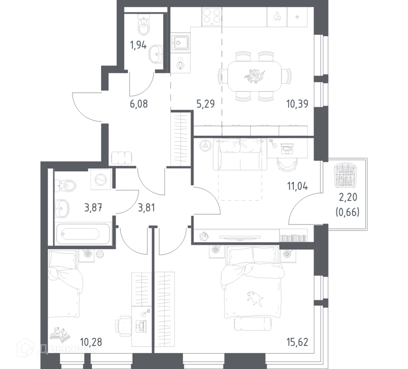 3-комнатная квартира 68.98 м² Квартал Авиаторов