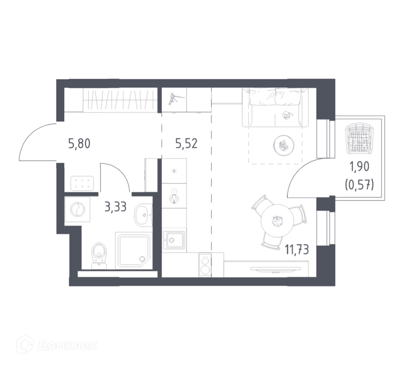Студия 26.95 м² Новое Видное