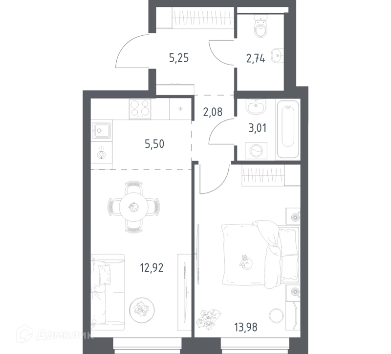1-комнатная квартира 45.48 м² Новое Видное