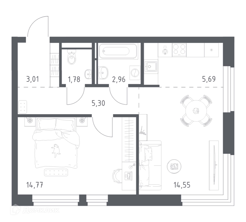 1-комнатная квартира 47.6 м² Новое Видное