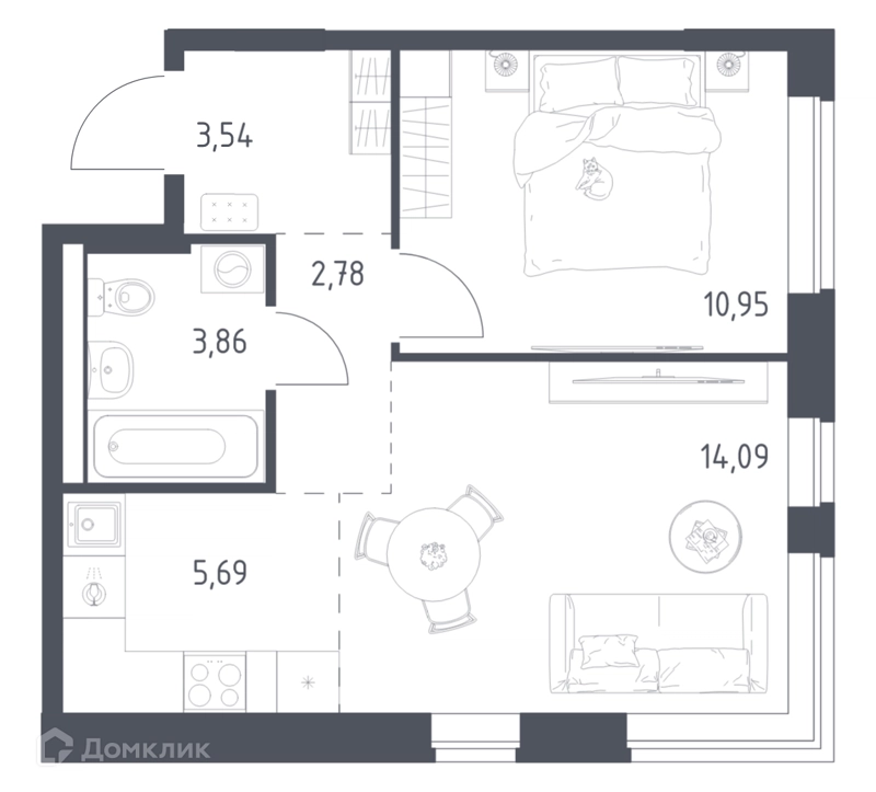 1-комнатная квартира 40.91 м² Новое Видное