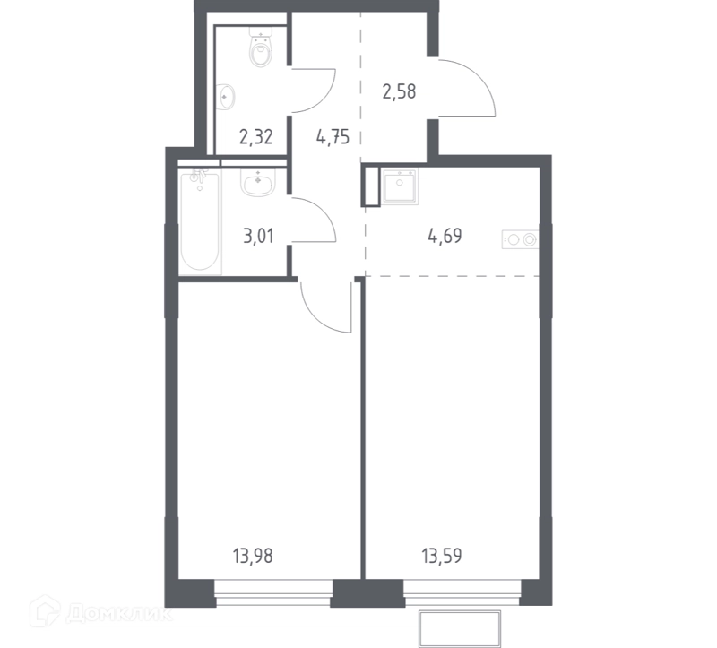 1-комнатная квартира 44.2 м² Новое Видное