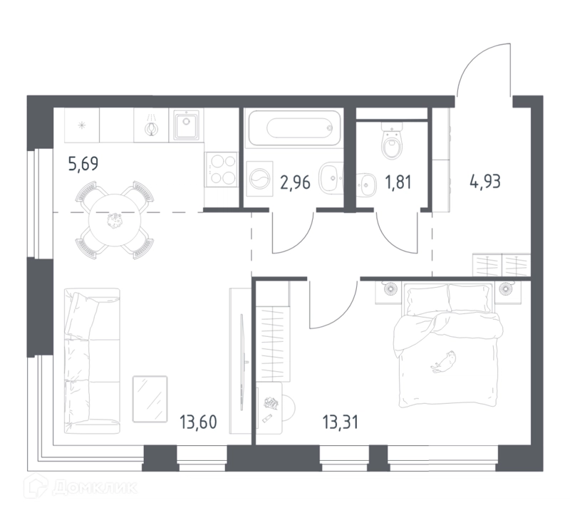 1-комнатная квартира 45.71 м² Новое Видное