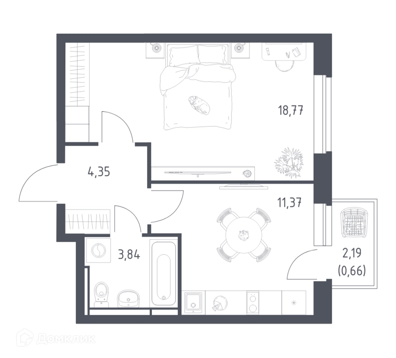 1-комнатная квартира 38.99 м² Новое Видное