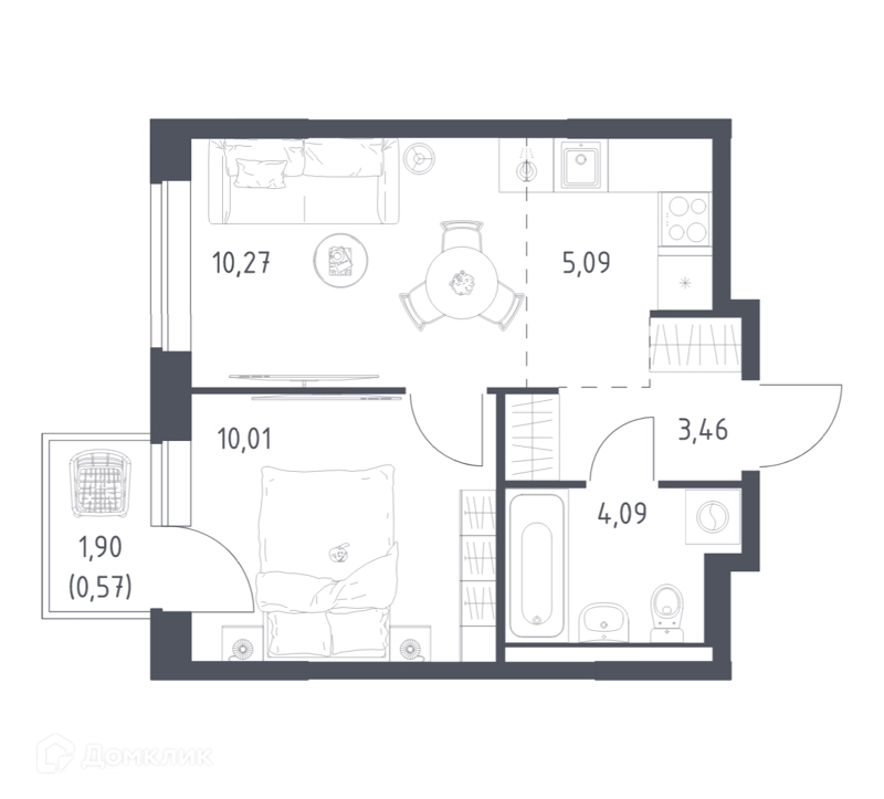 1-комнатная квартира 33.49 м² Новое Видное