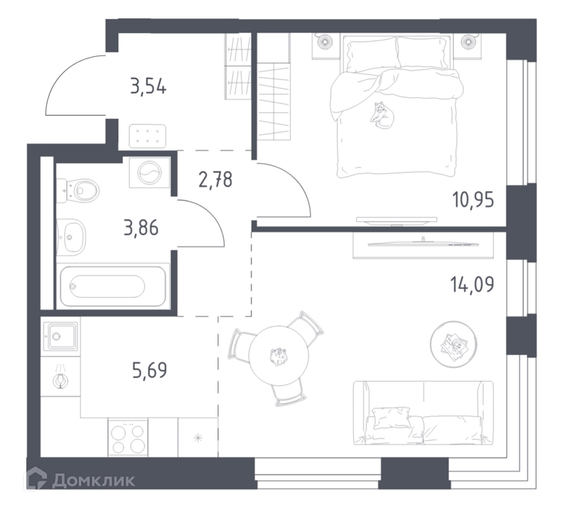 1-комнатная квартира 40.91 м² Новое Видное