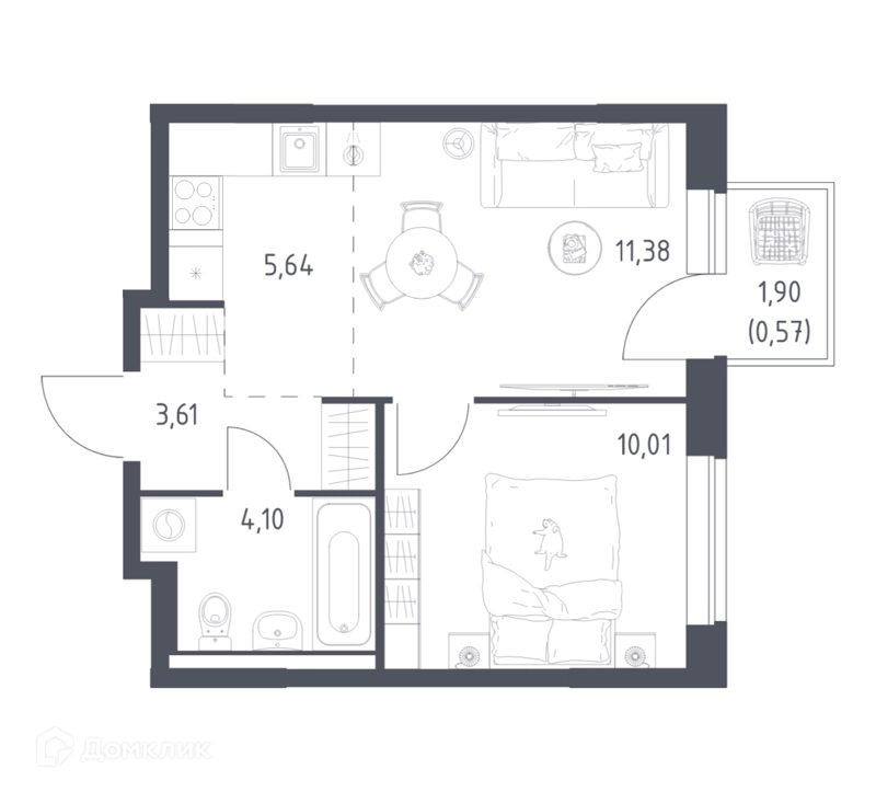 1-комнатная квартира 35.31 м² Новое Видное