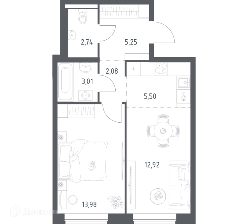 1-комнатная квартира 45.48 м² Новое Видное