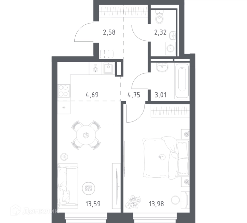 1-комнатная квартира 44.4 м² Новое Видное