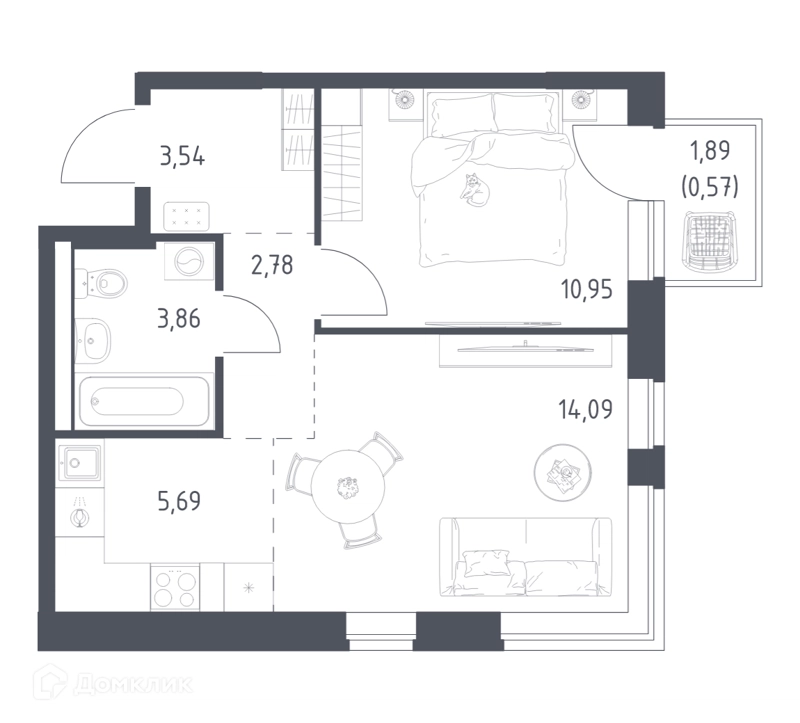 1-комнатная квартира 41.48 м² Новое Видное