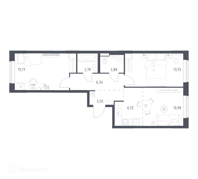 2-комнатная квартира 61.83 м² Новое Видное