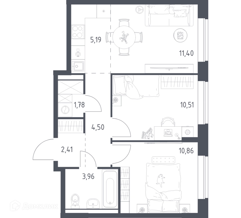 2-комнатная квартира 50.61 м² Новое Видное