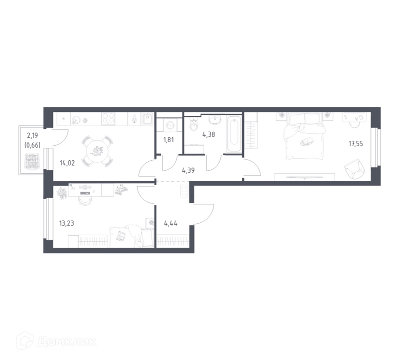 2-комнатная квартира 60.48 м² Новое Видное