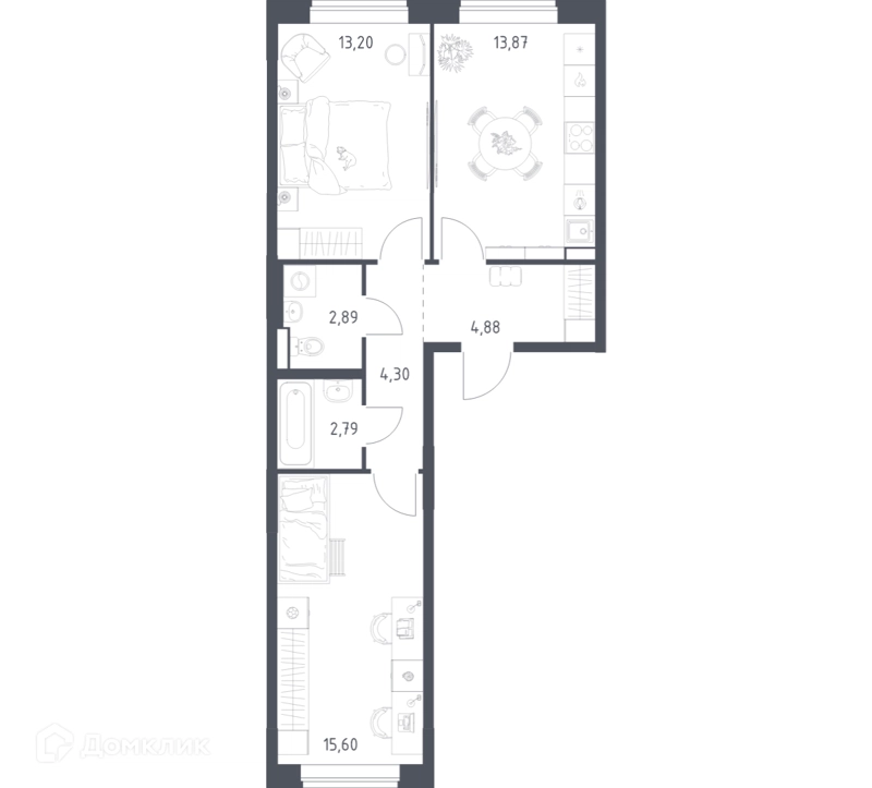 2-комнатная квартира 57.53 м² Новое Видное