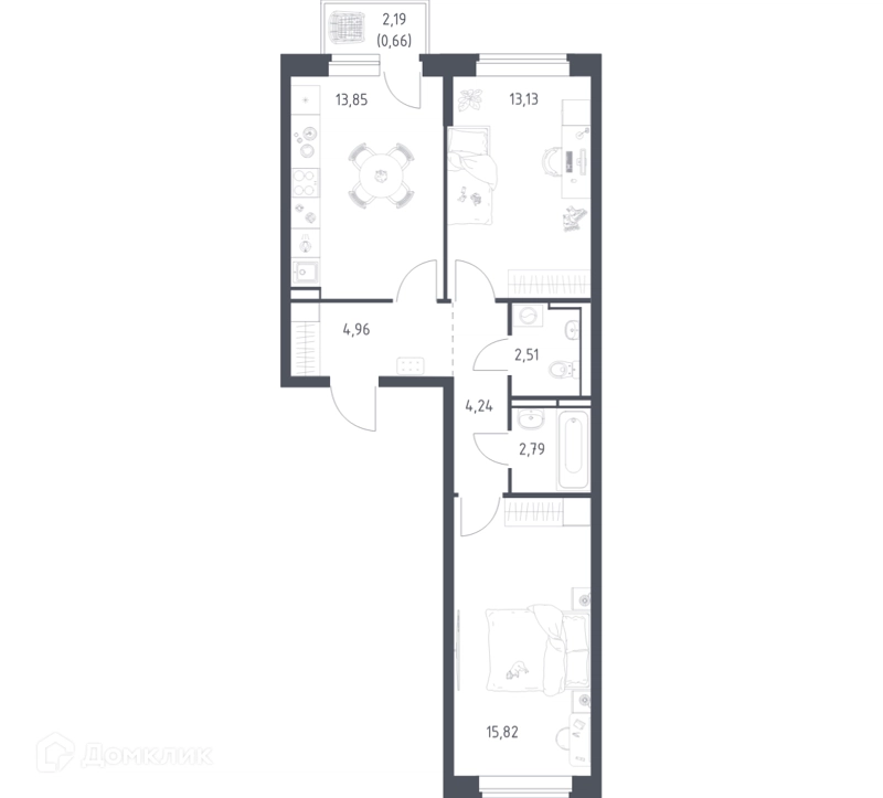 2-комнатная квартира 57.96 м² Новое Видное