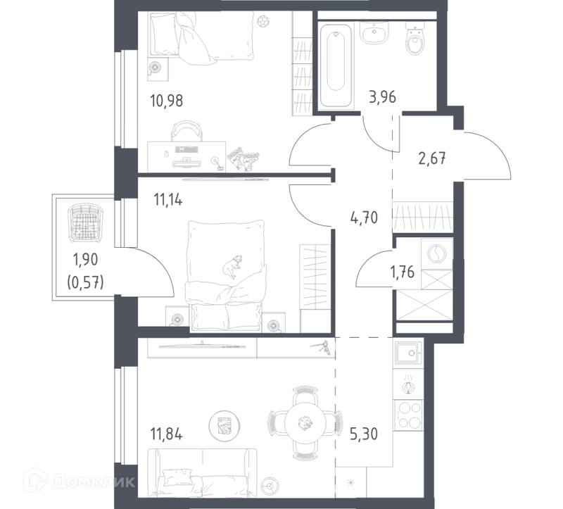 2-комнатная квартира 52.92 м² Новое Видное