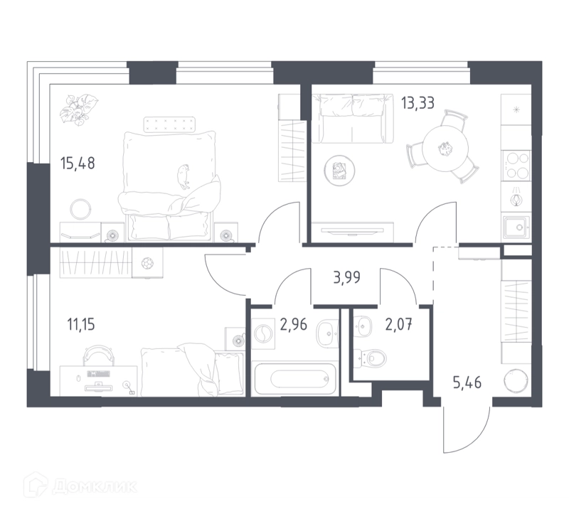 2-комнатная квартира 54.44 м² Новое Видное