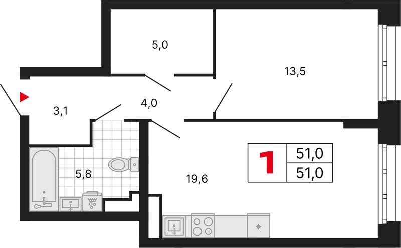 1-комнатная квартира 51 м² Бестселлер
