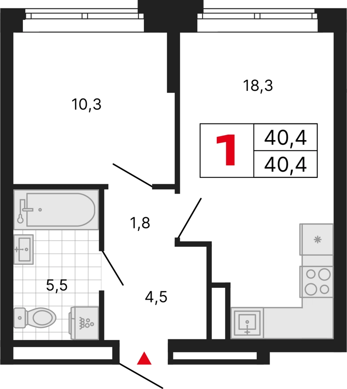 1-комнатная квартира 40.4 м² Бестселлер