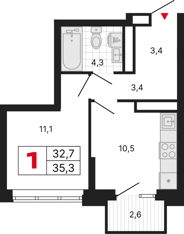 1-комнатная квартира 35.3 м² Бестселлер