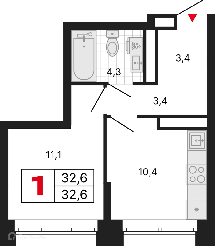1-комнатная квартира 32.6 м² Бестселлер