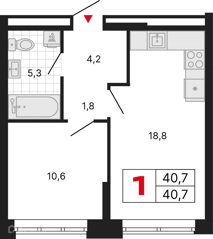 1-комнатная квартира 40.7 м² Бестселлер