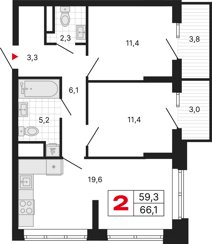 2-комнатная квартира 66.1 м² Бестселлер
